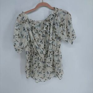 Meaneor Women's Floral Print Puff Sleeves Sheer Peplum Blouse Size X Large NWT